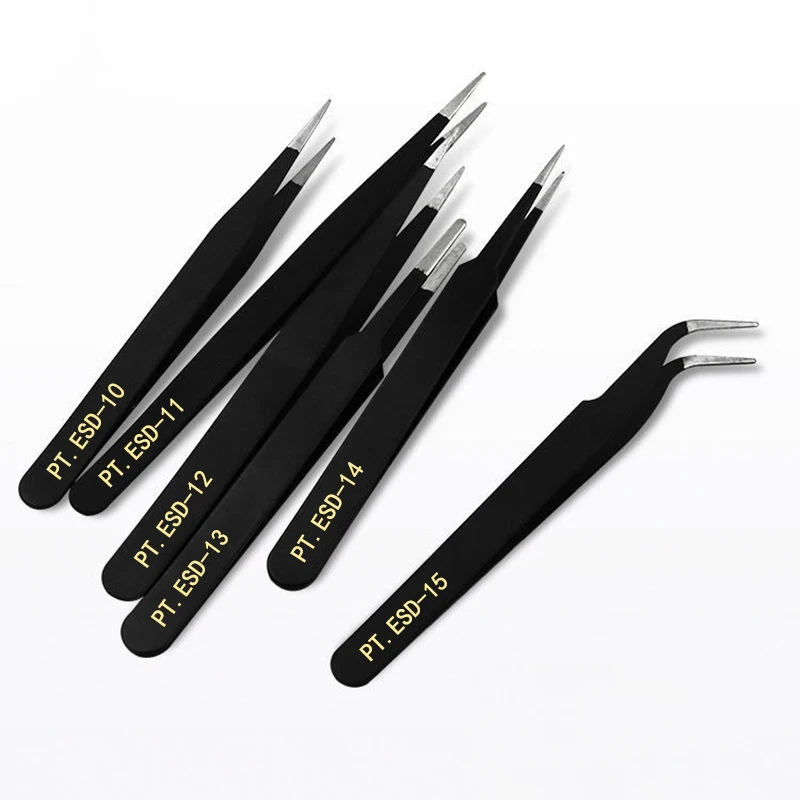 Stainless Steel Tweezers Anti Static Fine Pointed Elbow Precision Tweezers Soldering Tools Industrial Tweezers Tool ESD10-ESD15