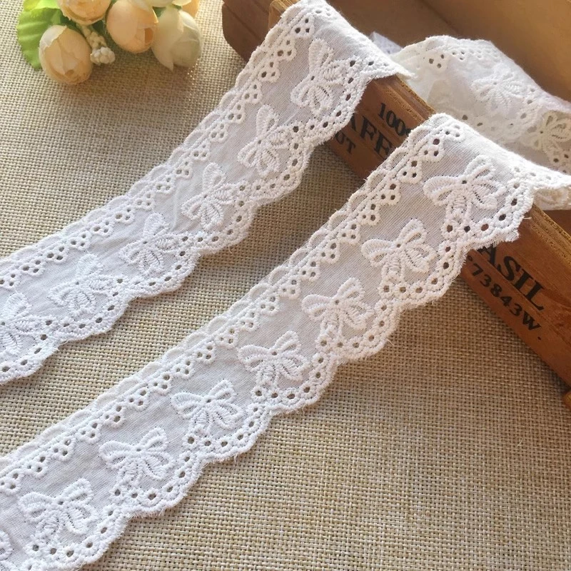 2Yards/Lot Beige White Bow Cotton Flower Lace Fabric Embroidered Trims
