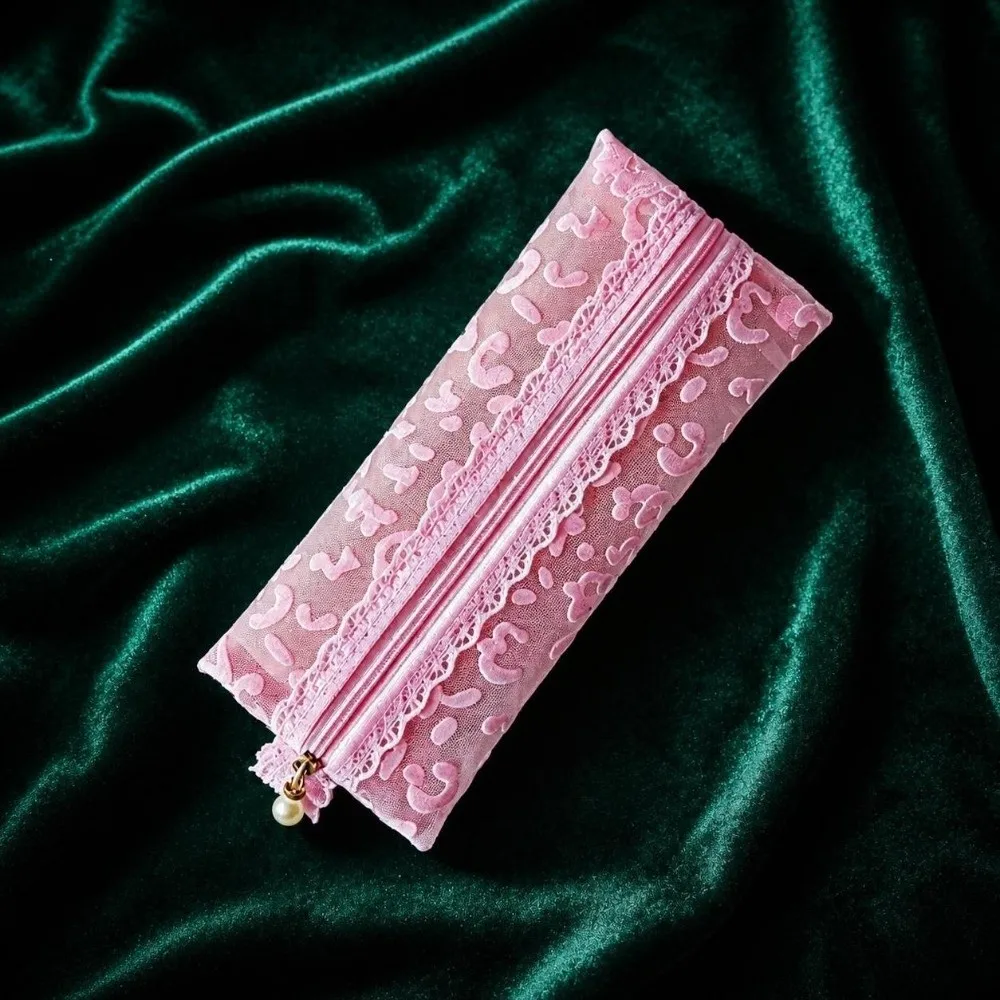 Compact Mesh Makeup Bag Pink Portable Pencil Pouch Compact Leopard Lace Pencil Case Stationery