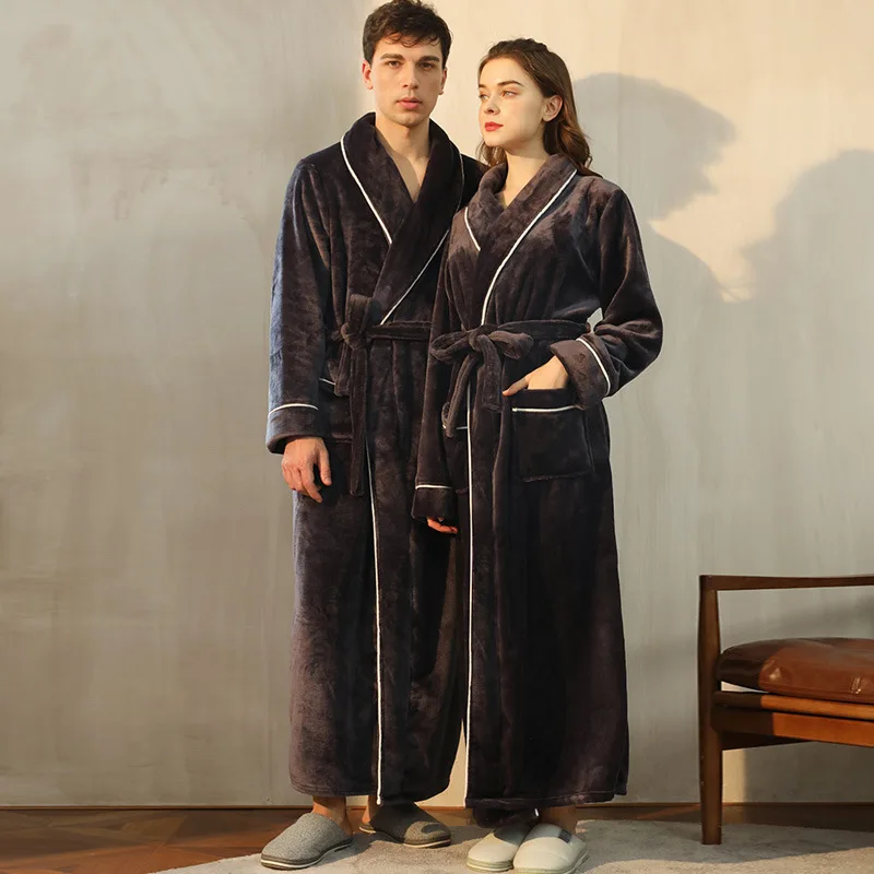 

Women Men Extra Long Warm Coral Fleece Bathrobe Winter Thick Flannel Thermal Bath Robe Kimono Dressing Gown Bride Peignoir