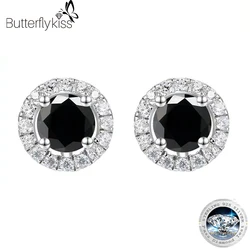 Butterflykiss S925 Sterling Silver Four Claw 1.0Carat A Pair Black Moissanite Stud Earring Fine Jewelry For Women Exquisite Gift