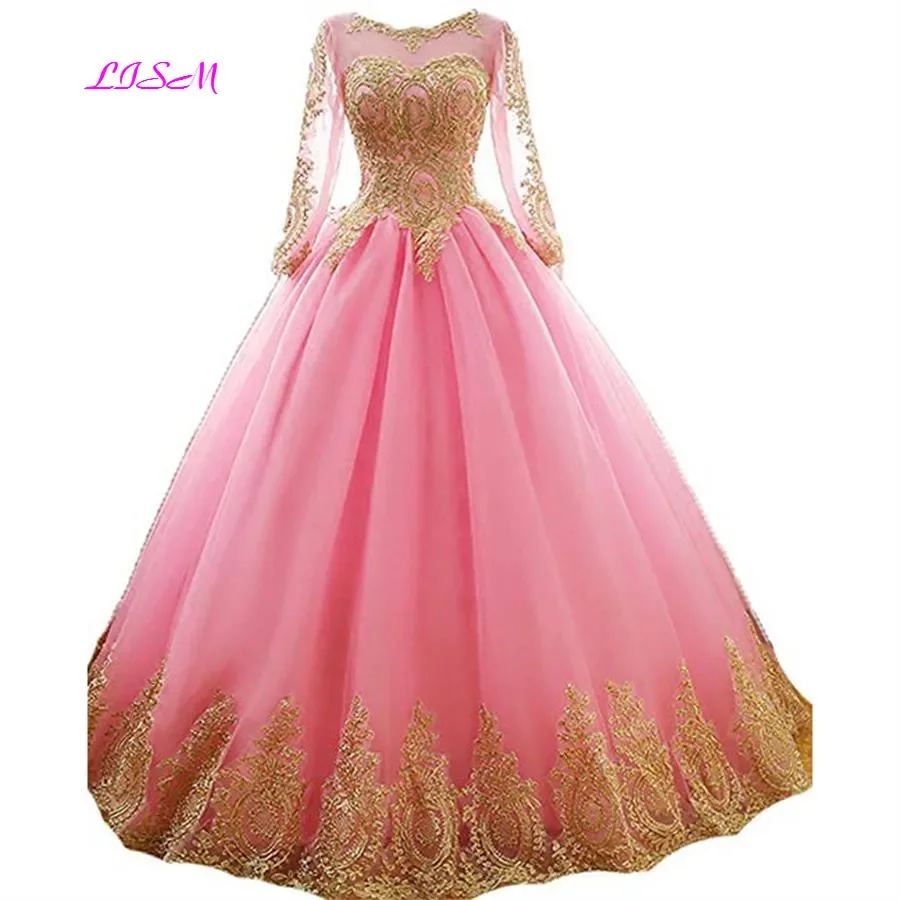 Doce ouro rendas apliques quinceanera vestidos longos mangas transparentes vestido de baile vestido de baile tule vestido de baile vestidos de 15 anos