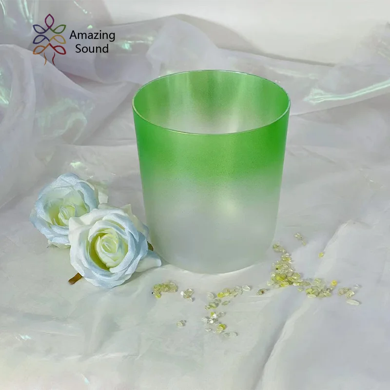 Clear Frosted White Gradient Bright Green Crystal Singing Bowl Sound Meditation Healing Music Bowl Buddha Sound Bowl