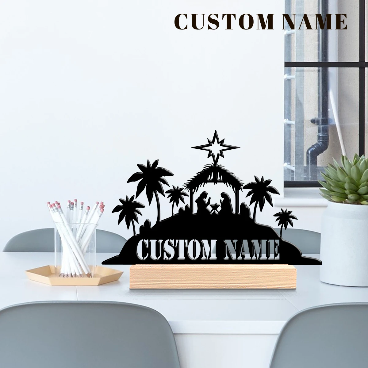 1pc Interesting Metal Desktop Decoration Custom Content Equipped with A Wooden Base Art Decoration, Desktop Decoration