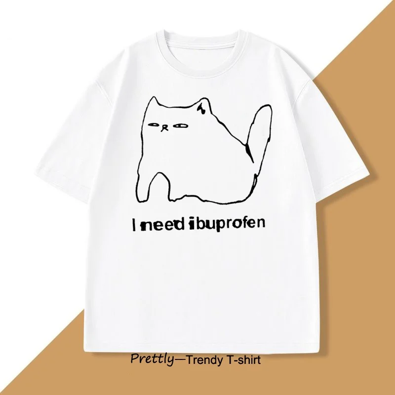 Summer Men's Fun Cat Letter Printed Round Neck T-shirt Casual Street 100% Pure Cotton Breathable Neutral Short Sleeved Shirt