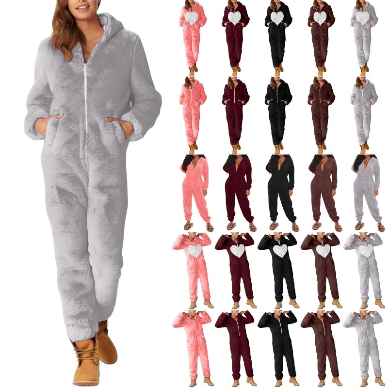 Winter Warm Sleepwear Women Loose Hooded Jumpsuit Casual Pajamas Solid Zipper Artificial Wool Long Sleeve Solid Pajamas