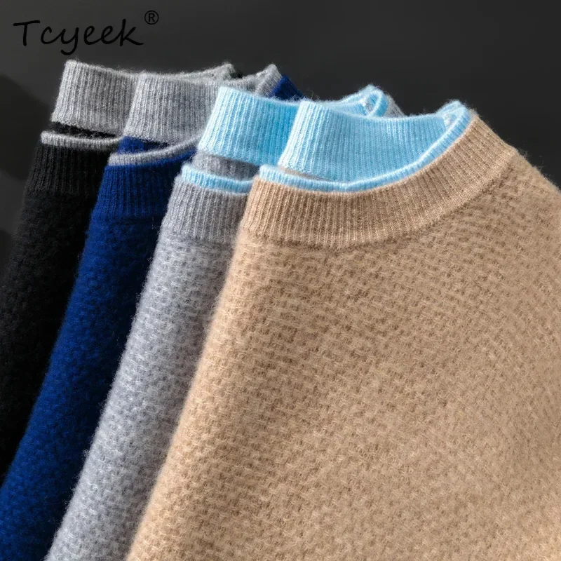 Basic Autumn Winter Men Sweater 100% Merino Wool Sweater Pullover Clothes Versatile Double Layer O-Neck Honeycomb Texture Casual