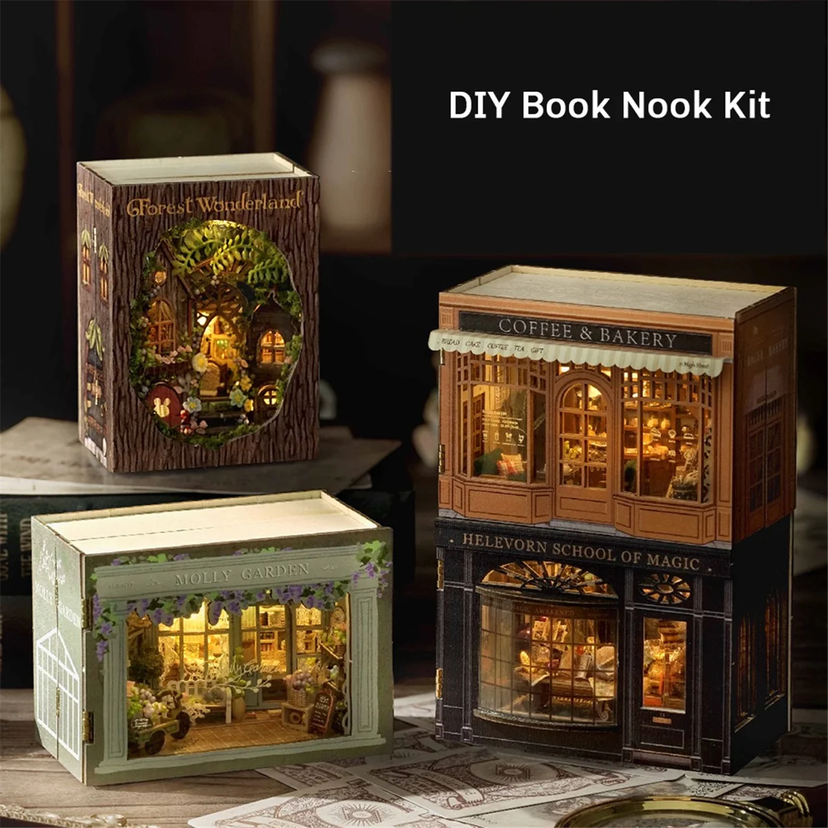 ABFW DIY Book Nook Kit with 3D Puzzle Model Building Wooden Bookshelf Bookend Toy Halloween Christmas Birthday Gift MINI-111