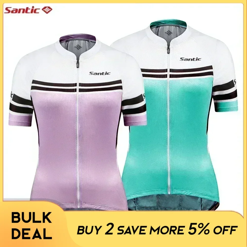 Santic Women's Cycling Jersey w/ Back Pockets Short Sleeve Summer Quick Dry Bike Shirts Outdoor Breathable MTB Bicycle Cloting