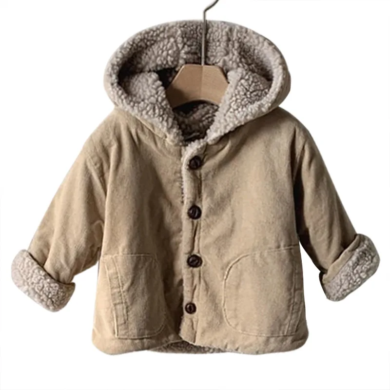 Outer Cardigan Jacket for Baby Winter Corduroy Lamb Wool Thick Hooded Jacket for Boys and Girls Winter Clothing for Infants