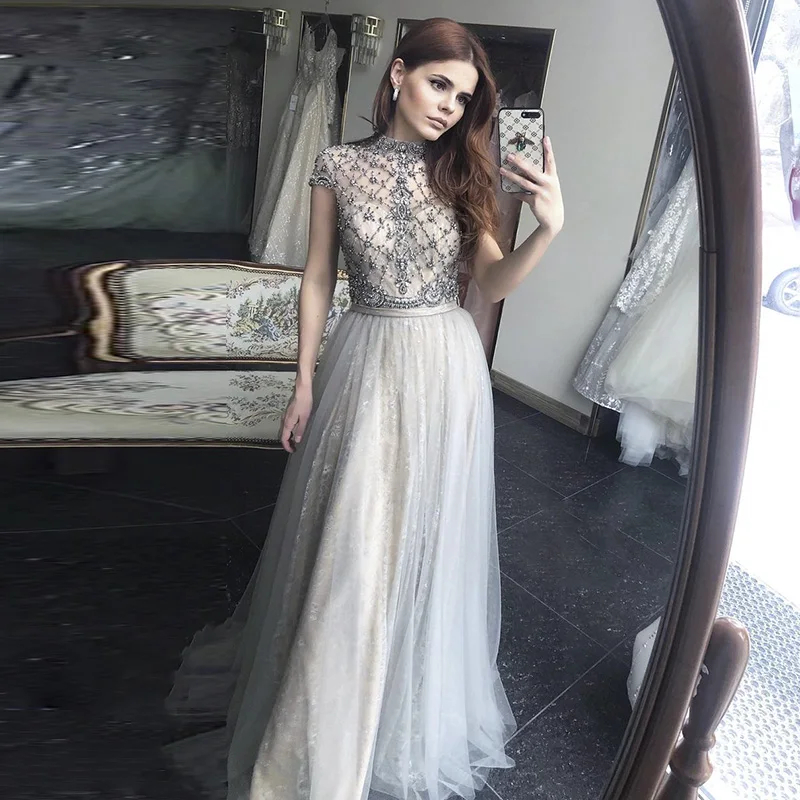 Sharon Said Gray Lace Short Evening Dress Luxury Dubai Vintage Tea Length Formal Dress for Women Wedding Party SS253 Customized