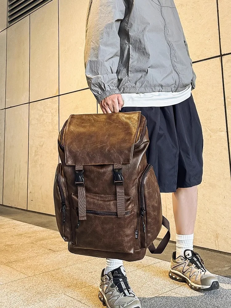Men's Large Capacity Leather Backpack Travel Commuting Computer Bag Double Shoulder Strap Fashionable Modern Neutral Style