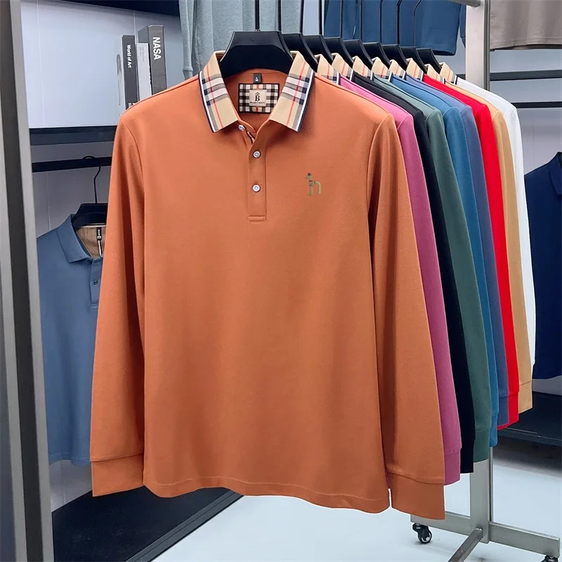 Herren Herbst Neues Original Modisches Baumwoll-Print-Polohemd Knitterfreies Einfarbiges Langarm-T-Shirt Vielseitige Herrenbekleidung – Detail 7