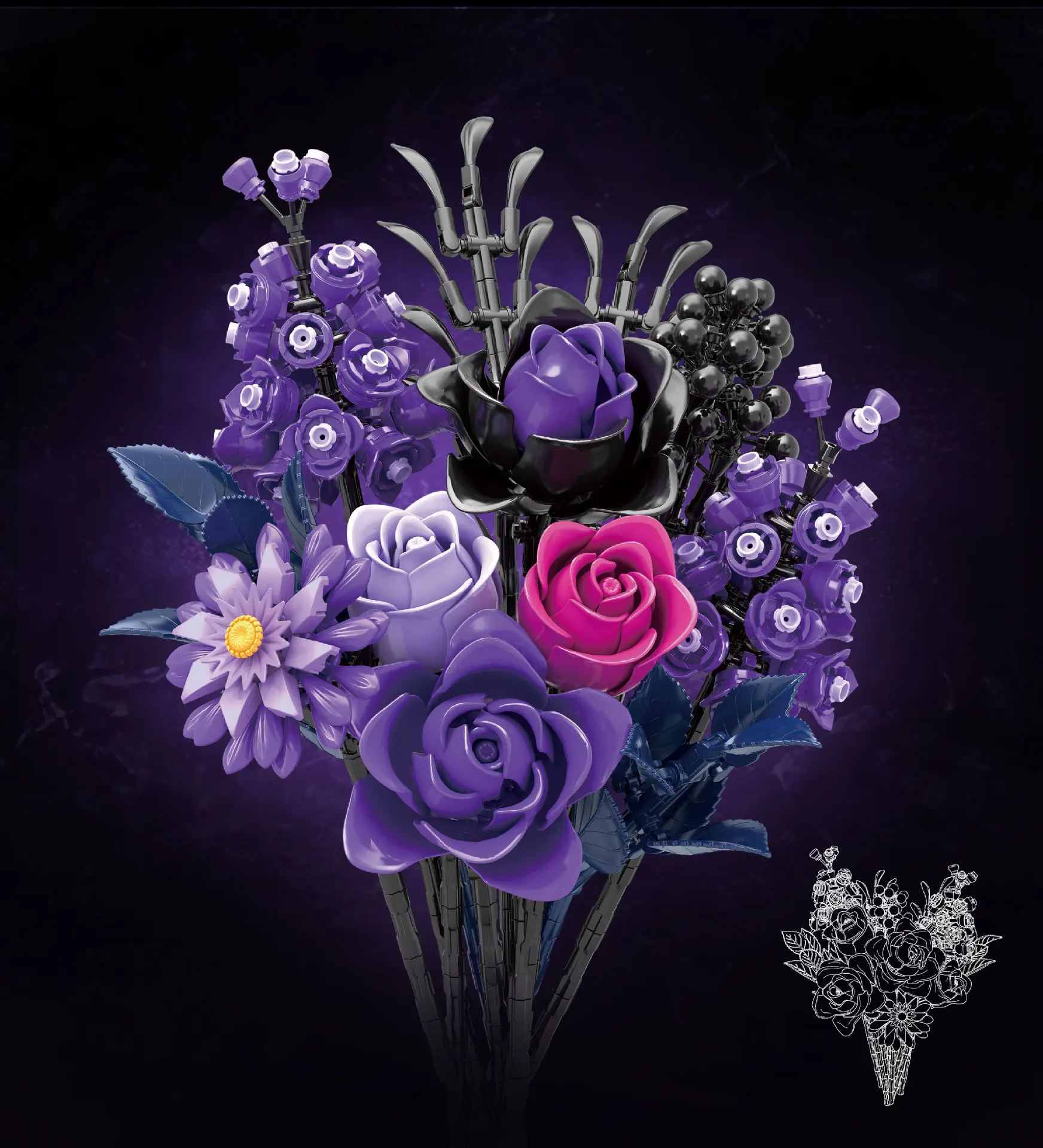 

Наборы строительных блоков MOC «Готическая фиолетовая роза»: Искусственные ботанические декоративные игрушки, подарок на День святого Валентина, день рождения для девушки, конструктор из кирпичиков