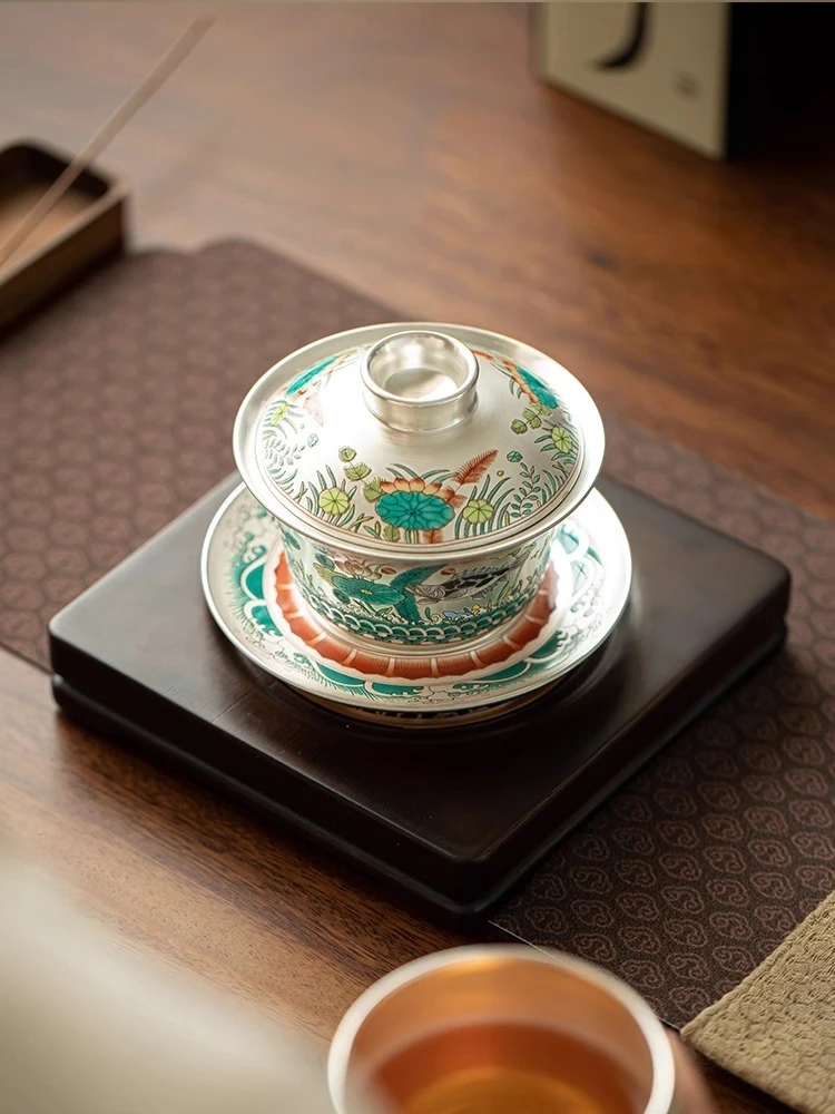 Fish algae patterned gilded silver covered bowl, single ceramic Kung Fu tea set, tea making, not hot to hand tea bowl