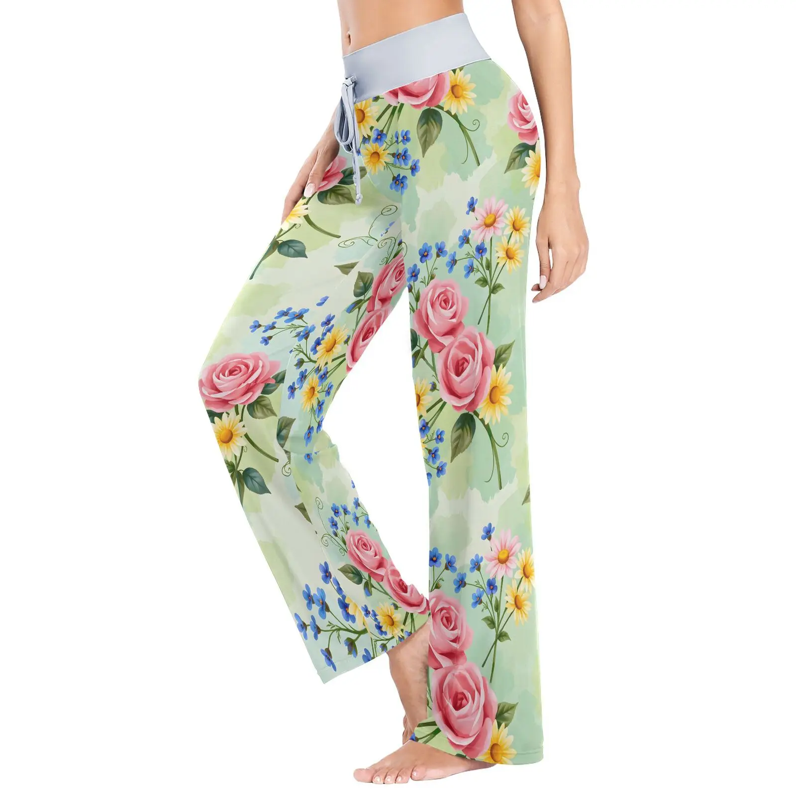 Drawstring Sleep Bottom Women Long Pants Loose Size Home Pajamas Rose print Casual Pant Spring Summer Fashion Sleepwear