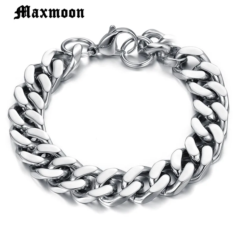 Maxmoon Mens Bracelet Chain Polished Stainless Steel Silver Color Black Gold Chains Bracelet for Men Cuban Link 3/4/6/71mm