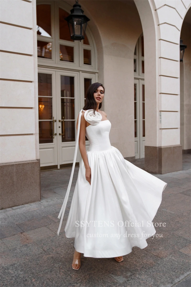 SSYTENS Választékos Boka Hossz esküvői dresses bridemaid Féleszű Fehérítőszer Menyasszony ruhát Vall vmire virágos pántnélküli Civil menyasszonyi gowns