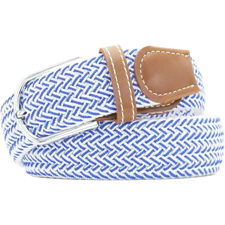 

Multicolored Elastic Woven Golf Belts Casual Braided Stretch Belt for Men and Women, for Waist Size 32"-35", White and Blue