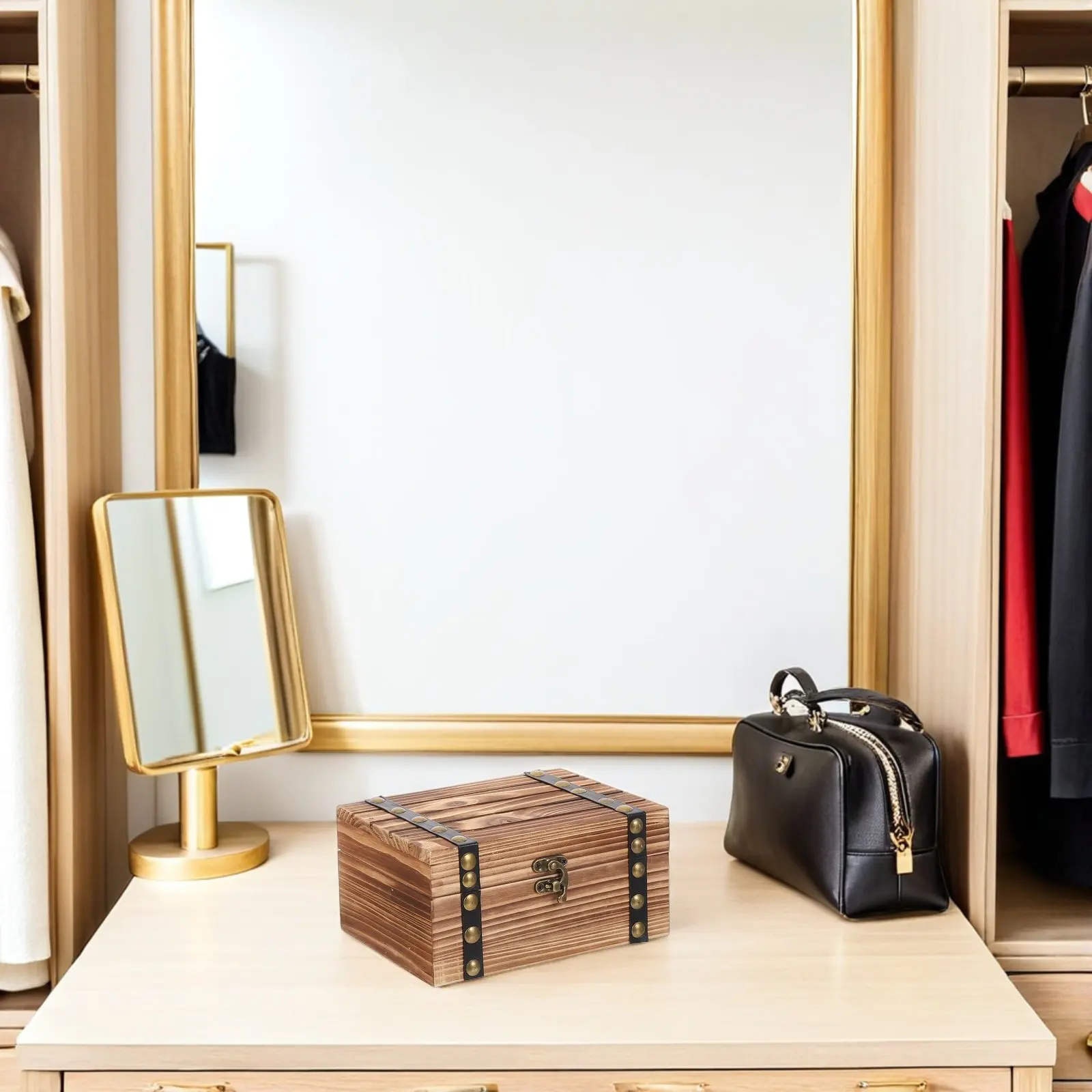 

2Pcs Vintage Jewelry Box Rustic Solid Wood Desktop Organizer Flip Top Retro Keepsake Chest Necklace Bracelet Earrings Storage