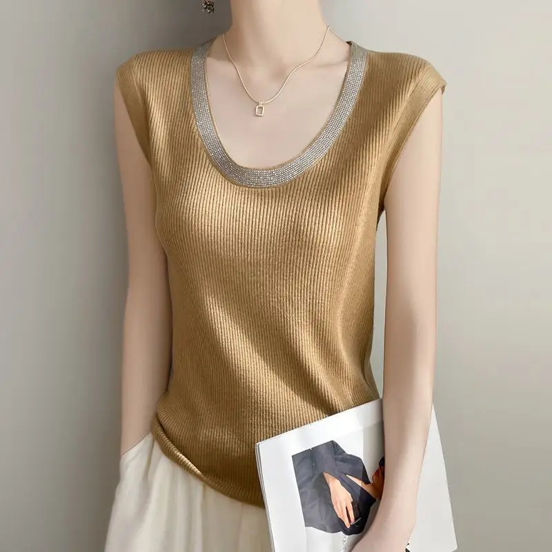 

U-neck Knitted Vest Women's Summer New Slim Fit Tight Sleeveless Top T-shirt Solid Color Thin Version