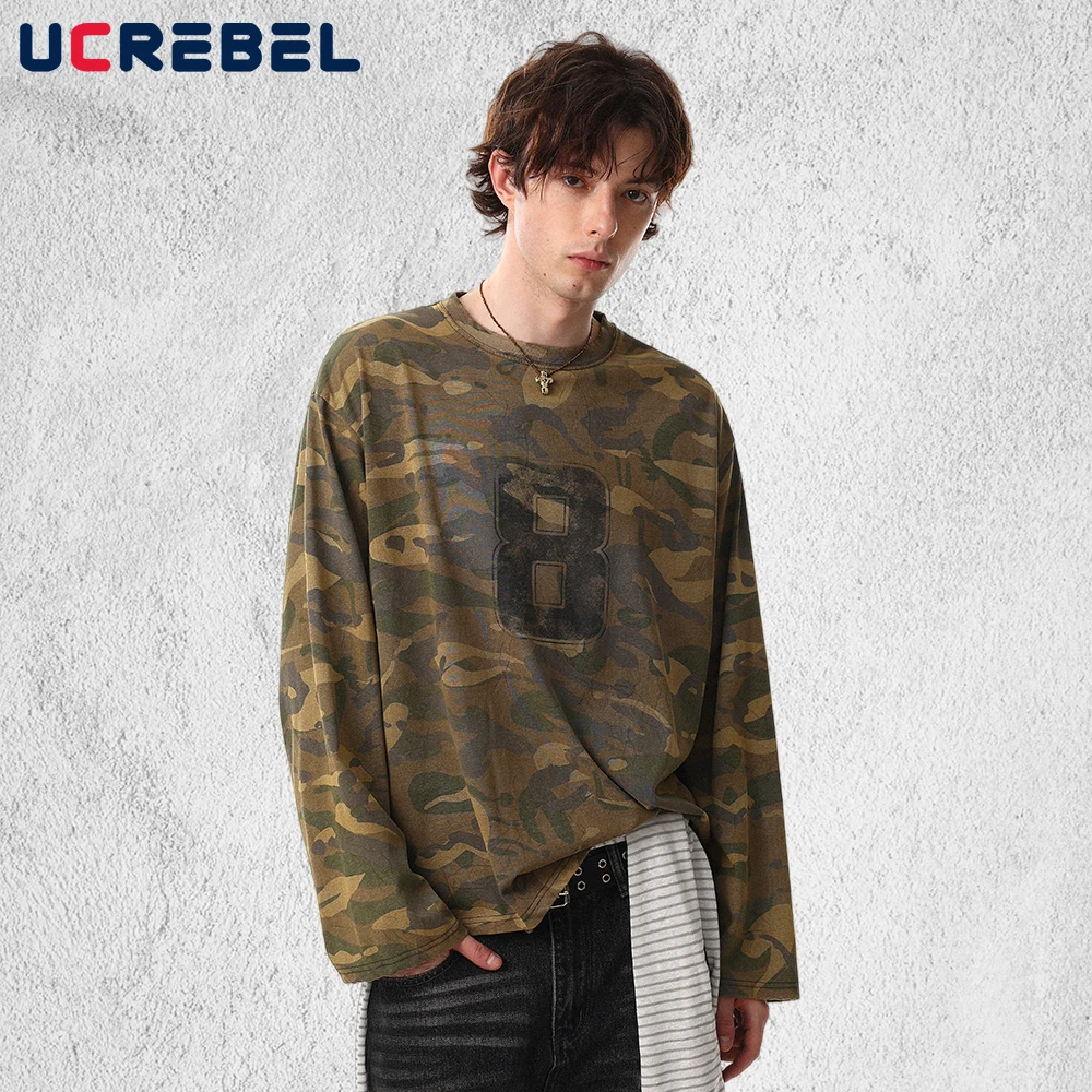

Letter Print Camouflage Long Sleeve T-shirt Mens Spring Hip Hop Streetwear Cotton Crew Neck Tee Loose Tshirt Man