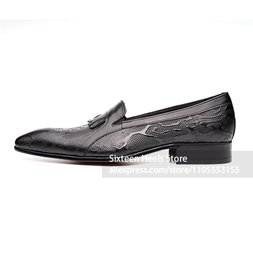 Snake Embossed Tassel Loafers Textured Slip on Formal Dress Shoes Vintage Fringe Tassel Wedding Party Handmade Men's Dress Shoes