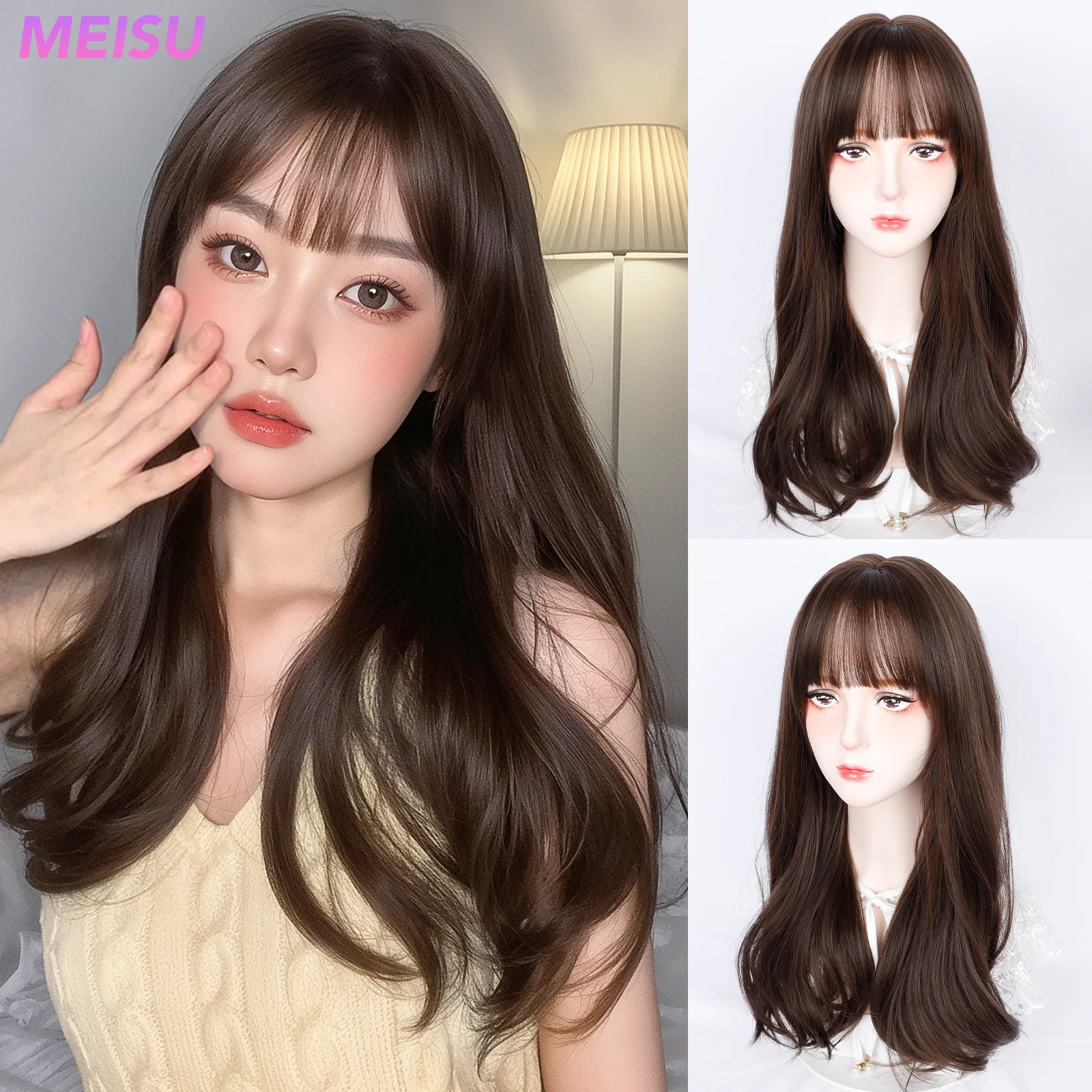 

MEISU 22 Inch Brown Curly Wigs Air Bangs Fiber Synthetic Heat-resistant Wave Hair Sweet And Natural Party or Selfie