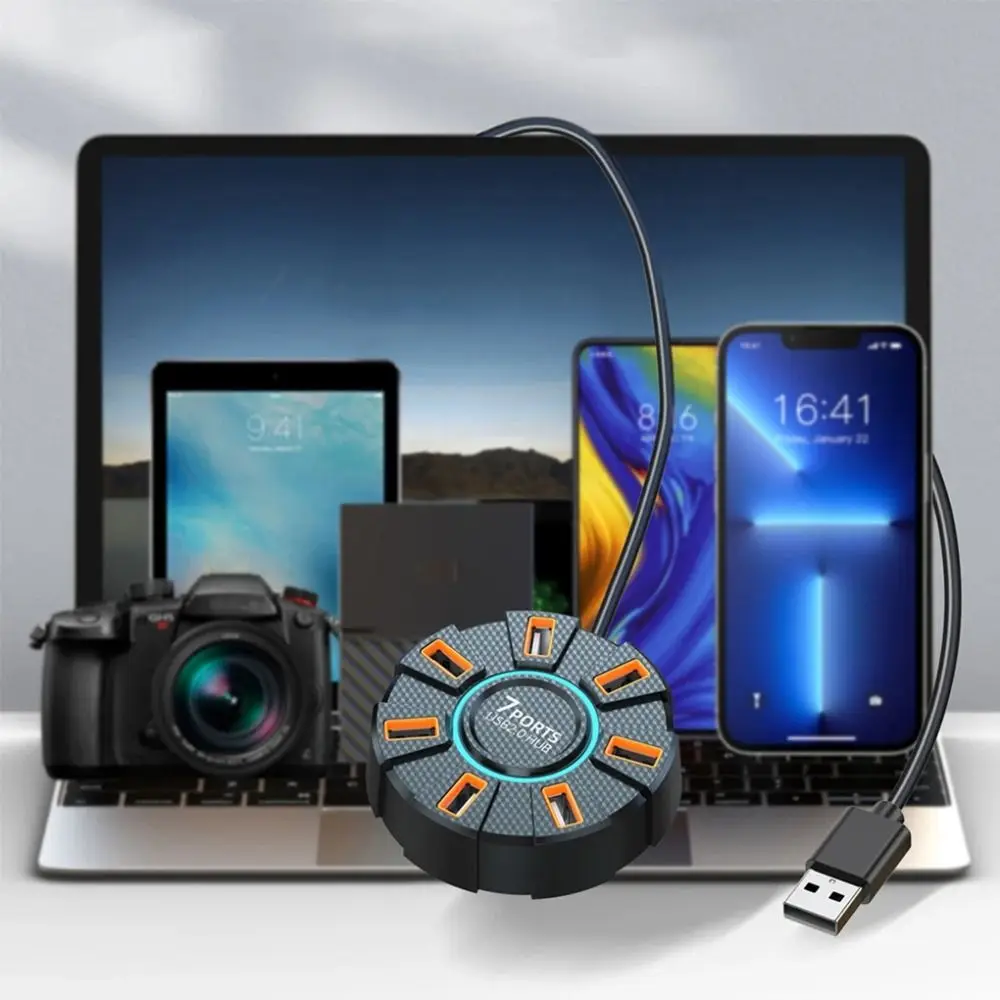 RGB الخلفية 7 منافذ متعددة المتوسع USB الفاصل عالية السرعة USB 2.0 Hub موصل متعدد الوظائف محول الفاصل المتعدد
