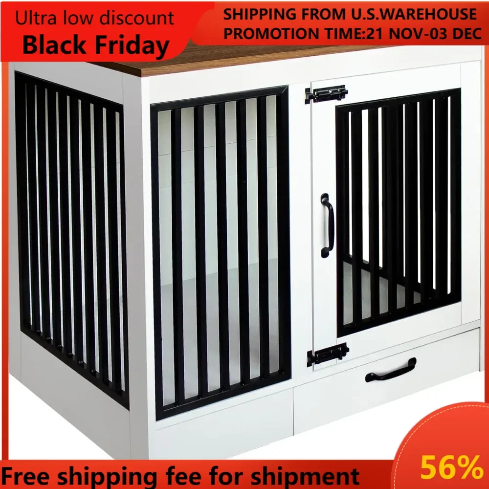 

White Heavy Duty Furniture Dog Crate, Wood and Metal Cage Kennel, Double Doors End Table with Drawer and Pull-Out Trays, Dog Hom