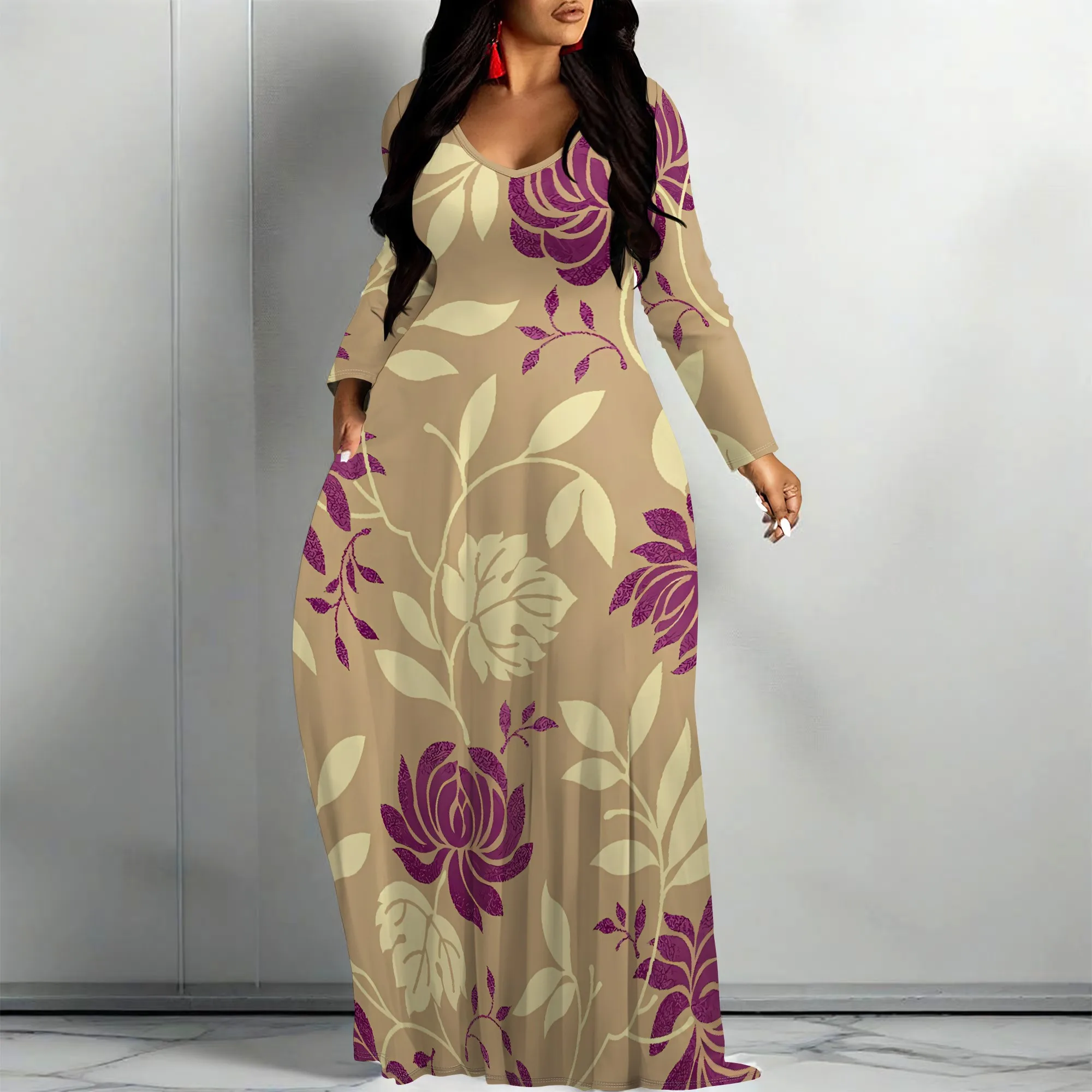 

Nupusa Floral Leaf Print Dress for Women Standard Size Summer Casual Crew Neck Long Sleeve Maxi Dress with Pockets