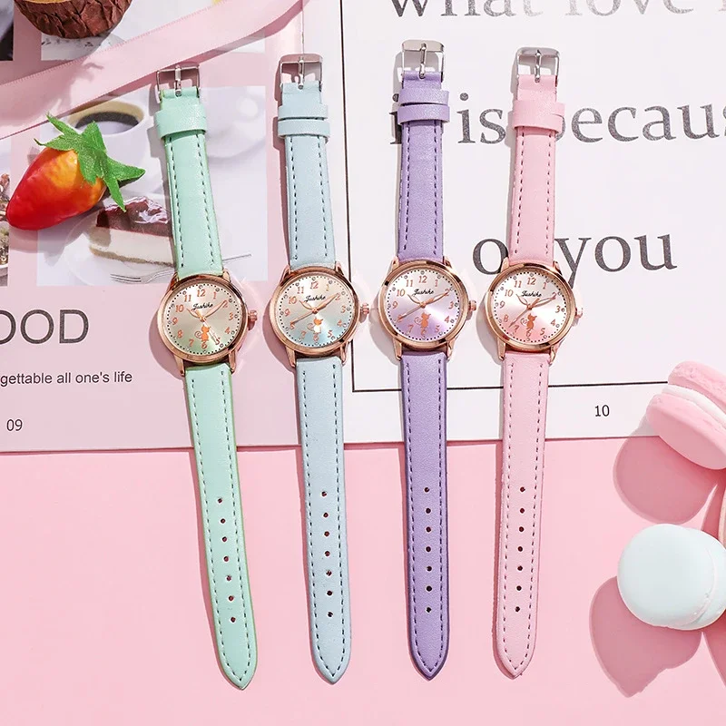 Casual Children Cute Cat Watch Simple Rhinestone Girls Wristwatch Gradient Color Leather Quartz Kids Clock Gift Children Watches