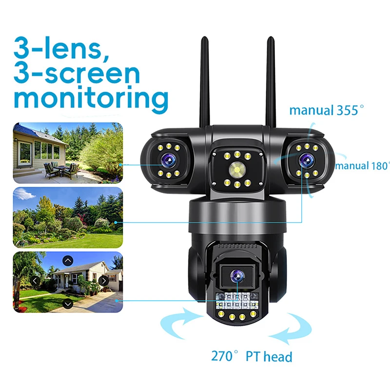 12MP WiFi IP Camera Outdoor Three Lens Three Screens Security Video Monitor Night Vision Waterproof CCTV Surveillance PTZ Camera