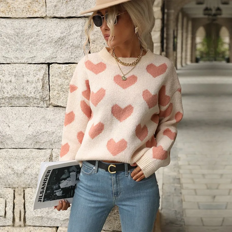 Sweet And Caring Women\'s Long Sleeved Sweater 2024 Valentine\'s Day Casual Pink Sweater Round Neck Autumn New Item Ladies Sweater