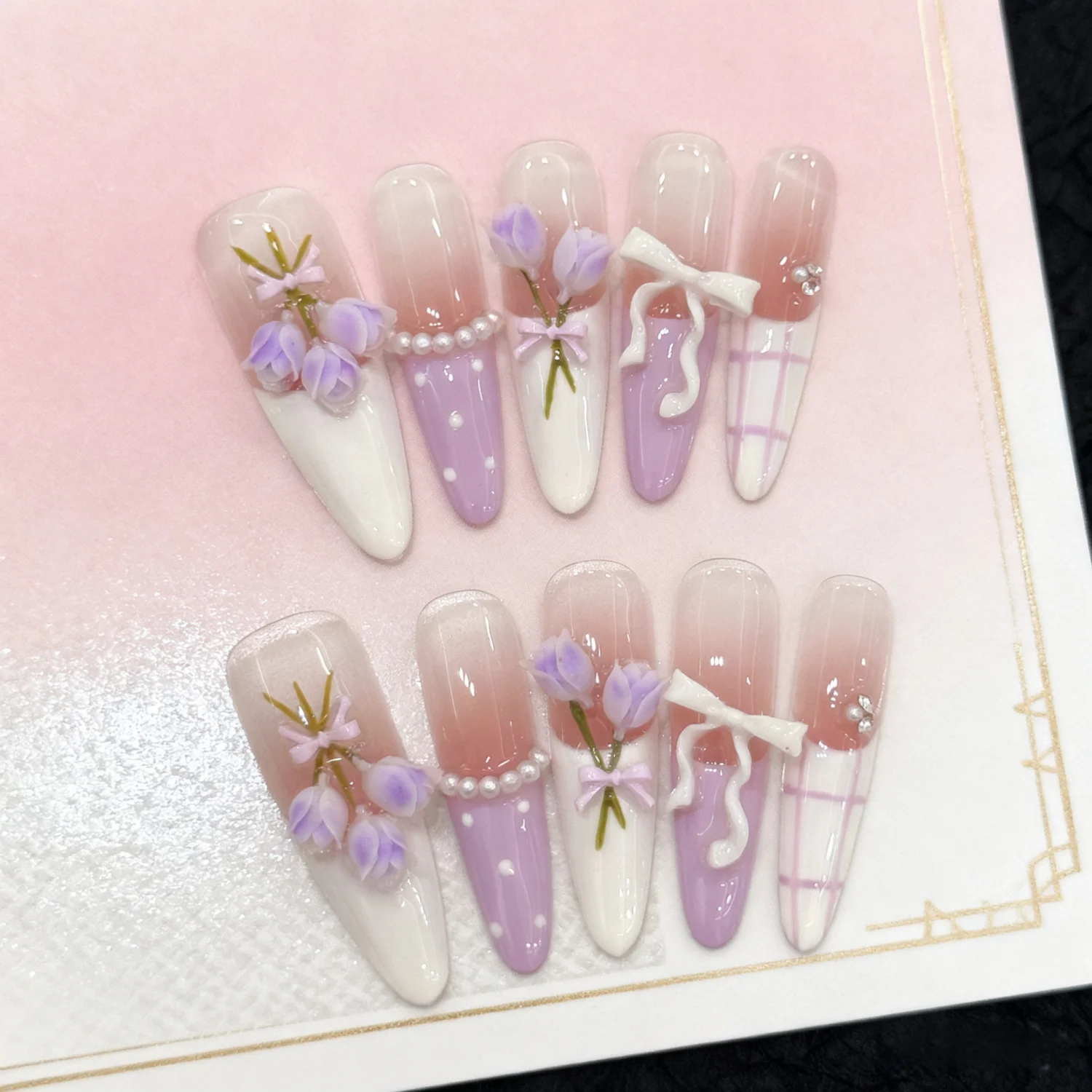 10 قطعة نصائح الأظافر وهمية اليدوية مع تصميم زهرة التوليب الأرجواني طويل خنجر أظافر صناعية الفن يمكن ارتداؤها الأظافر كاذبة XS S M L الحجم #1