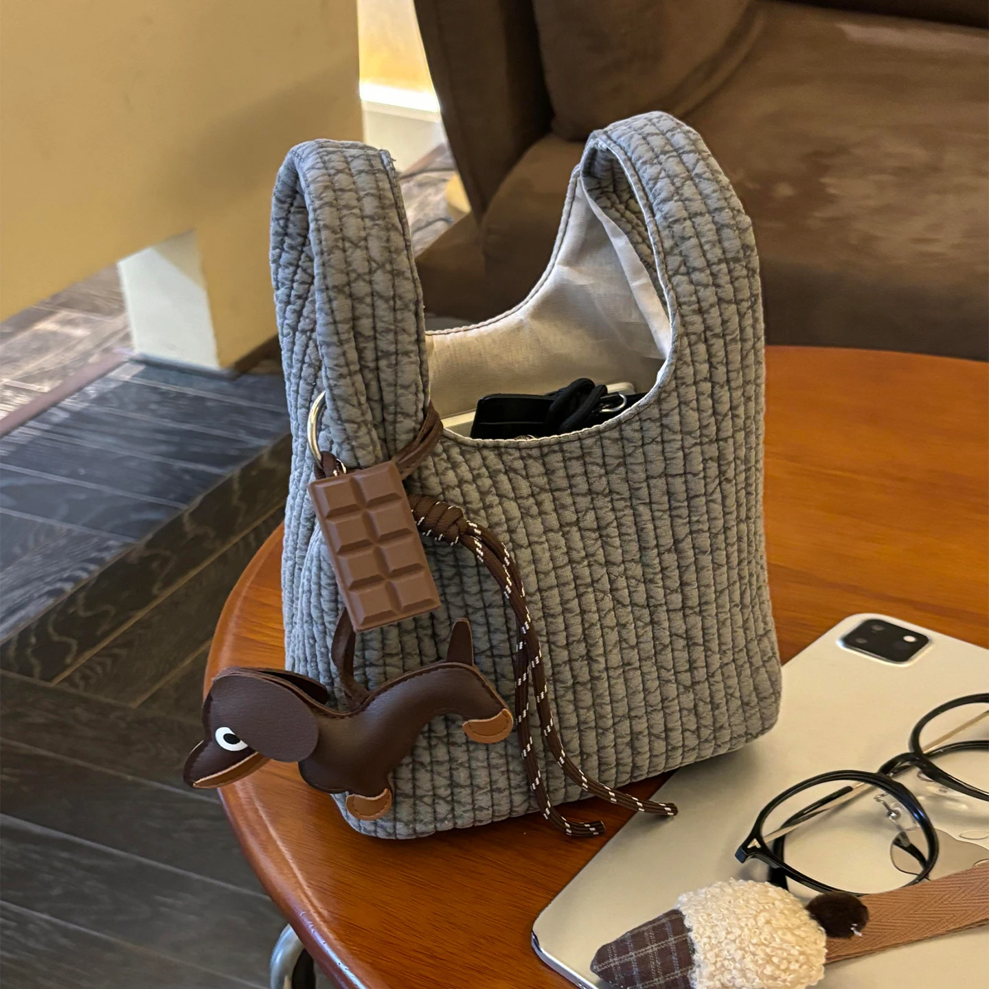 

Женская темно-серая сумка на запястье, сумка-тоут, вязаная сумка ручной работы, портативная мини-ведро, сумки для телефона, большая вместимость, осенне-зимние сумки