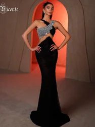 VC Women Luxury Sexy Key Hole Diamonds Crystal Mesh Lace Black Bodice Maxi Long Gowns Elegant Evening Party Club Dress Vestido