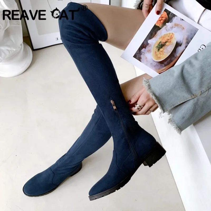 REAVE CAT 2022 Autumn Over Knee High Boots Fur Fashion Shoes 4cm High Heels Soft Flock Stretch Botas Big 43