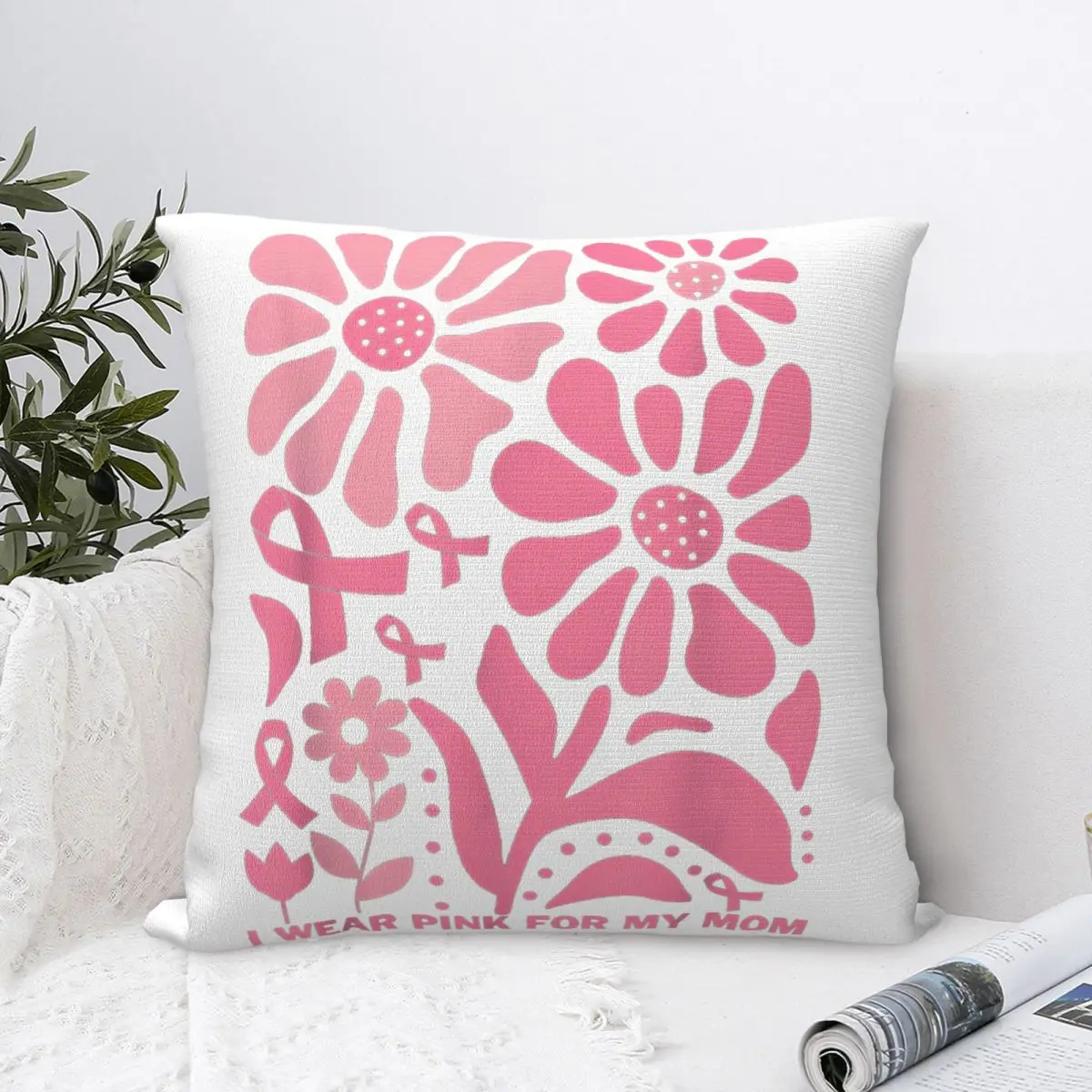 Retro Groovy Breast Cancer I Wear Pink For My Mom Pillow Covers Polyester Home Cushion Cover Cute Decor Pillowcase 45*45