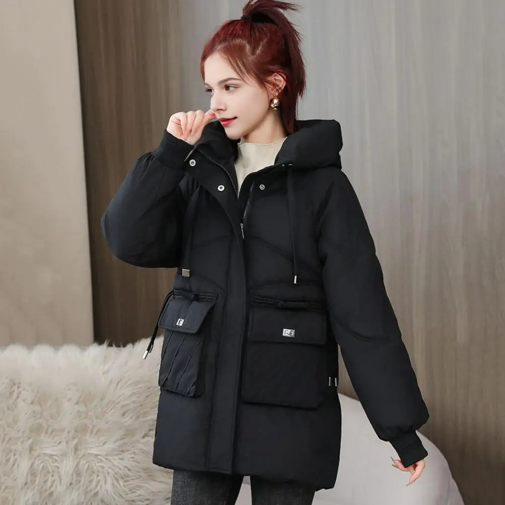 Hooded Jacket Windproof Hooded Down Coat with Pockets Drawstring Closure for Weather Mid Length Heat Retention Outwear Jacket