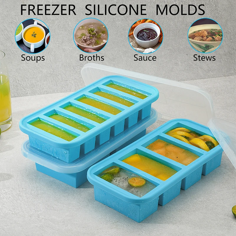 2/4/6 Grid Silicone Freezer Molds With Lids Easy Meal Prep Container Silicone Freezer Trays With Lid For Food, Soup, Desserts