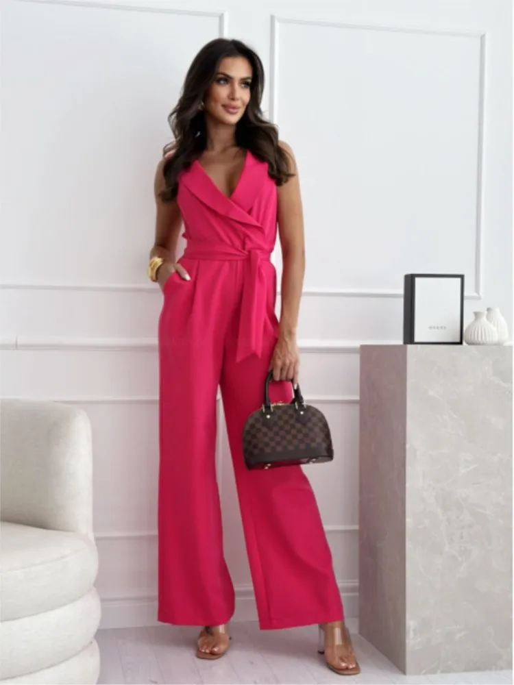 2024 Spring Summer Women\'s Clothing New Fashionable High Waist Commuter Waist Strap Sexy Sleeveless Loose Jumpsuit Pants