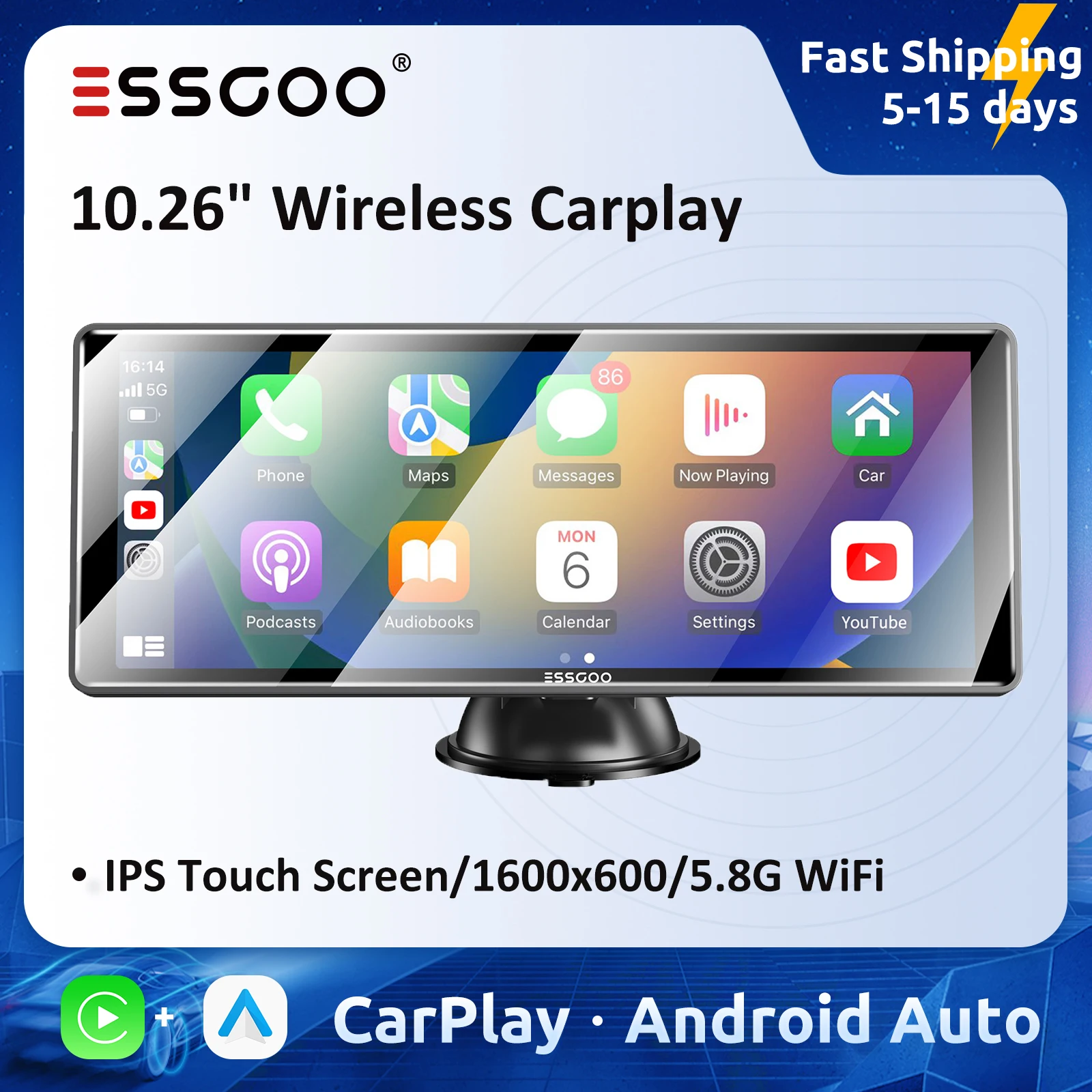 ESSGOO Portable Car Multimedia Player Wireless Carplay Android Auto Player 10.26 Inch IPS Screen WiFi Bluetooth Voice Control