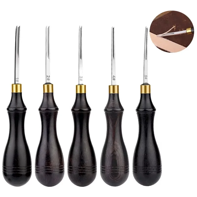 

5Pcs 0.6 to 2.25mm Leather Edge Bevelers Wide Mouth Skiving Tool with Wooden Handle for DIY Leather Craft Professional