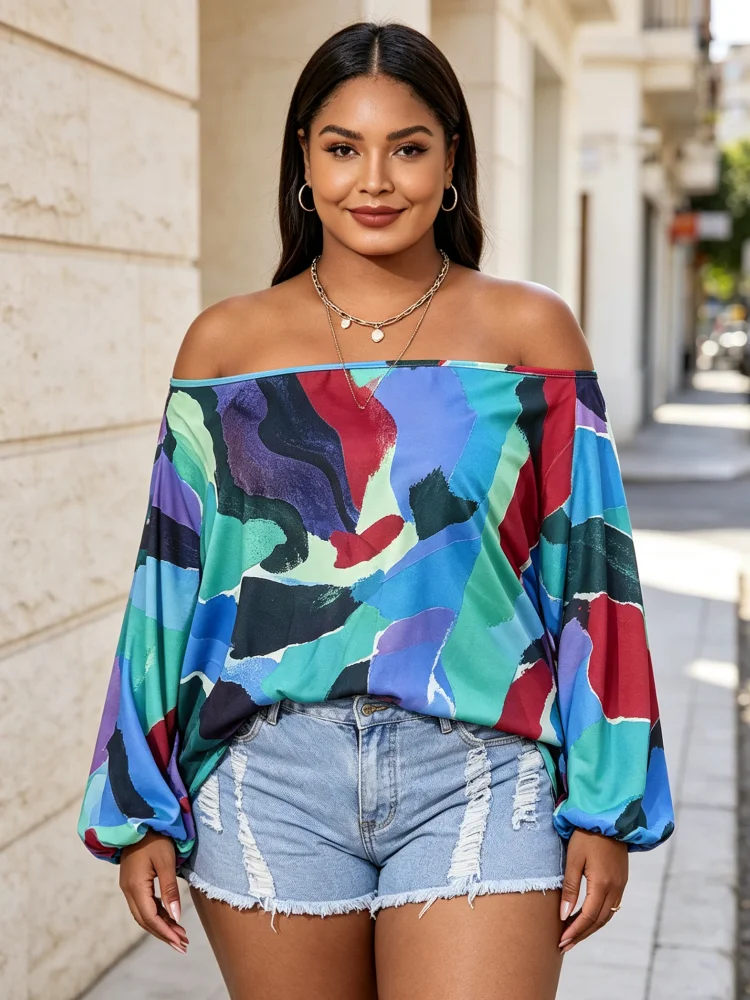 Plus Size Women's Off Shoulder Shirt with Design Sense, Printed Long Sleeved Casual Loose Top, Fashionable Party Shirt