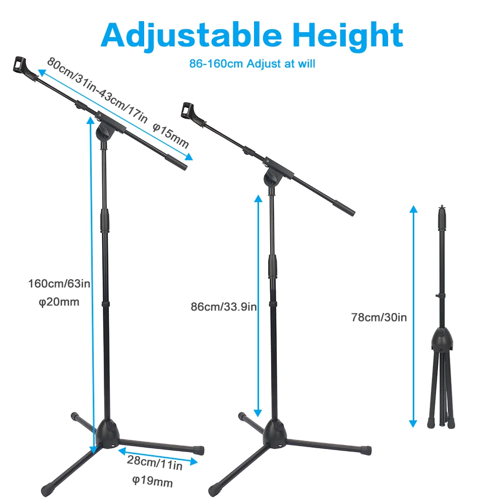 Heavy Floor Microphone Tripod Stand Boom Mic Karaoke Stand Holder Collapsible Adjustable Mic Arm Length Bracket with Holder Clip