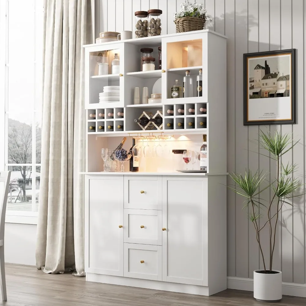 

White Sideboard Cabinet Tall Freestanding Liquor Cabinet With Wine & Glasses Rack Cabinets for Living Room Display Storage Home