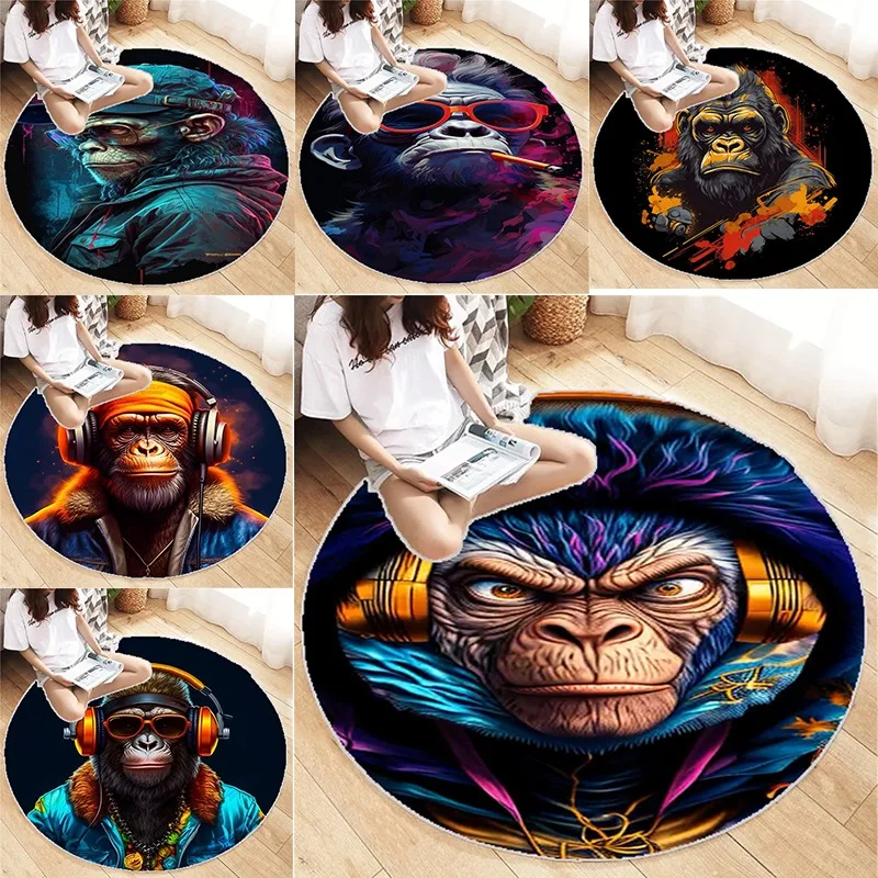 

Retro Gorilla Round Carpet Vintage Design Print Living Room Bedroom Cute Washable Home Bedroom Rug Aesthetics Mat Decoration