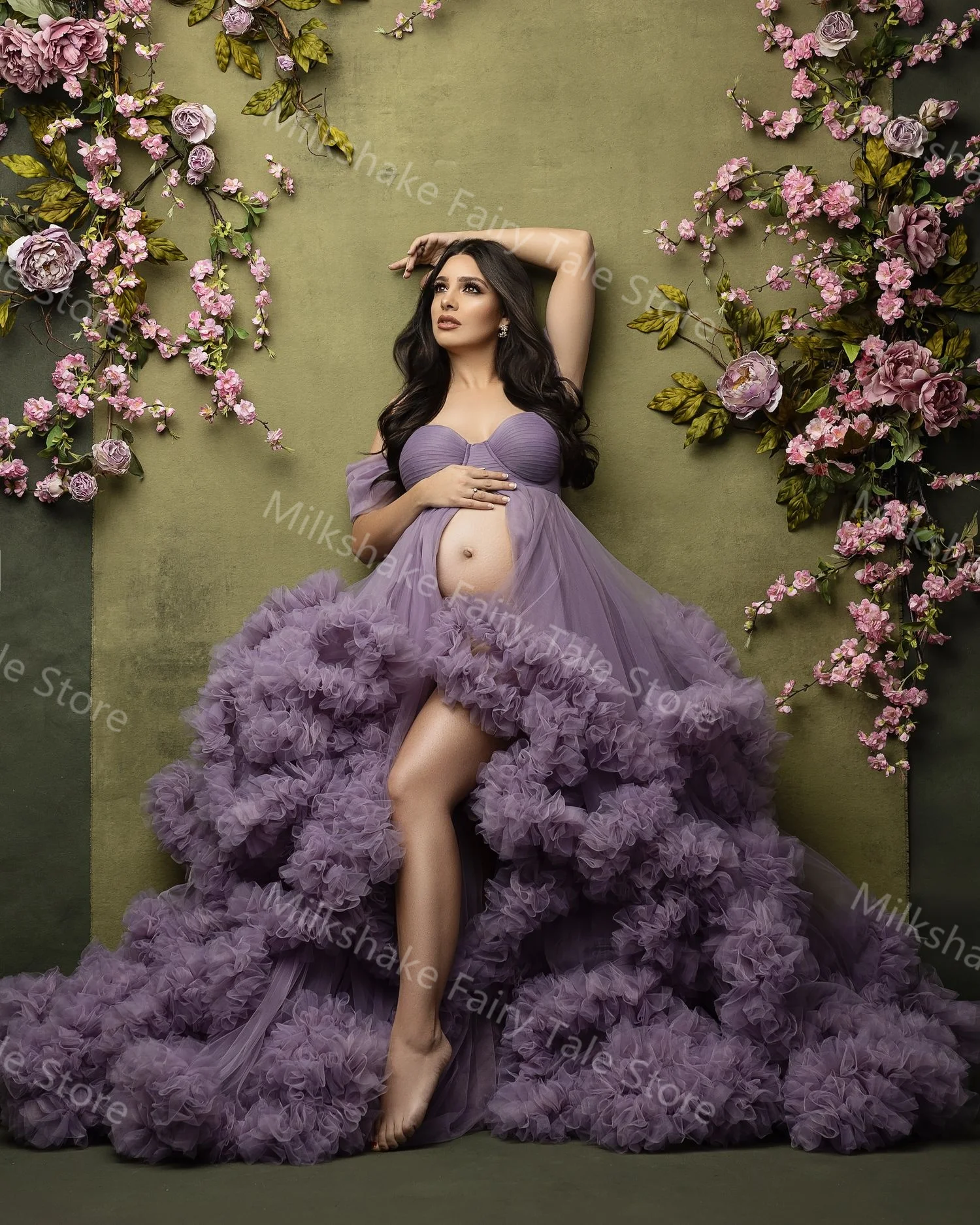 براقة الأرجواني الأمومة الجلباب للتصوير الفوتوغرافي المتدرج الكشكشة النساء الحوامل فساتين لحضور الحفلات الموسيقية خط مخصص استحمام الطفل العباءات