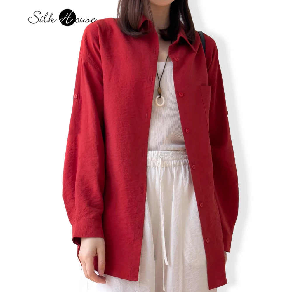 

2026 Women's Casual Spring/Summer New 76% Natural Mulberry Silk Dry Silk Red Turn-Down Collar Dropped Long Sleeve Loose Shirt